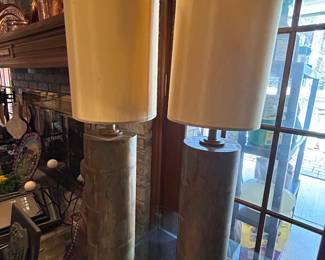 Matching pair of brass lamps, Ethan Allen glass end table