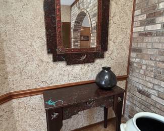 Custom Southwest entry table and mirror, Mexican pottery, Arizona pottery