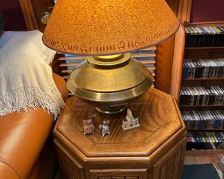 Retro end table, brass lamps