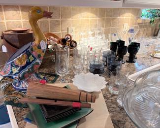 mid century ice bucket, stemware, napkin rings, glassware