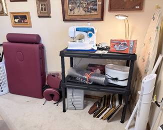 massage table, sewing machine, paraffin wax spa, fans/heaters