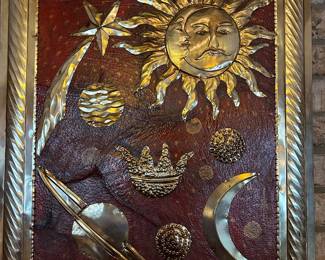 Vintage celestial wall art, brass and leather