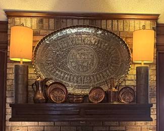 Engraved copper pieces, engraved brass wall plaque, copper pitchers