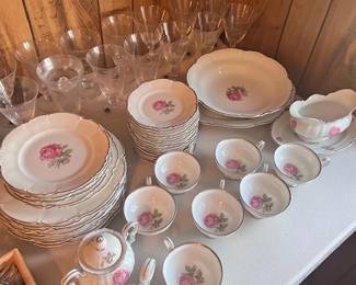 Vintage German Dinnerware Set, Hutschenreuther Pink Rose Pattern