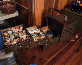 #10	Wood Fold out Sewing Basket w/contents - 20x11x11 (closed)	 $35.00 