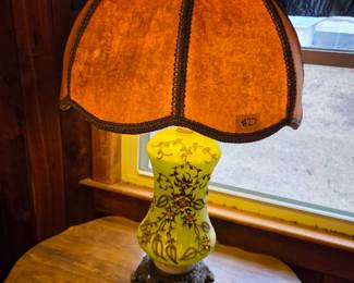 #27	Metal Base w/Green Glass w/Raised Metal Etchings w/felt Shade - 30"  Tall	 $60.00 