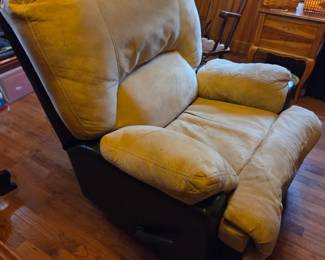 #65	Brown Faux Leather and Tan Suede Recliner w/continuous Seat - (as is stains)	 $60.00 
