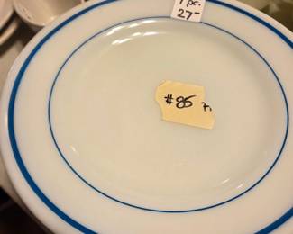 #85	Pyrex Dinner Plates by Corning Milk Glass w/Blue Stripes - 9" plates	 $27.00 