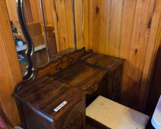 #67	Wood Vanity w/Stool and Carved Mirror - 44x18x29 (as is finish issues)	 $75.00 