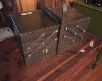 #10	Wood Fold out Sewing Basket w/contents - 20x11x11 (closed)	 $35.00 