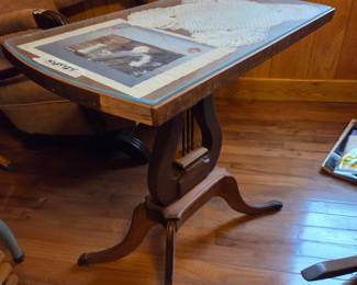 #60	Wood Harp-Table w/Brass Feet and Glass Top (removable) - 24x14x24 - Has piece on side missing	 $55.00 
