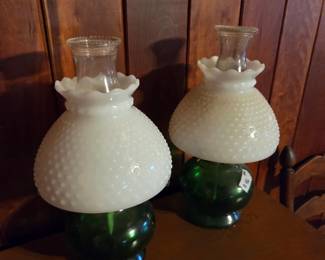 #46	Emerald Green Glass Bottom w/White Hobnail Shades - sold as a pair - 15" Tall	 $60.00 