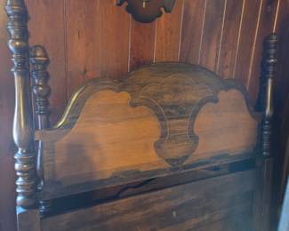 #35	Queen Wood Headboard/Footboard w/Decorative Wood Stain on Headboard on Wheels (no rails)	 $125.00 