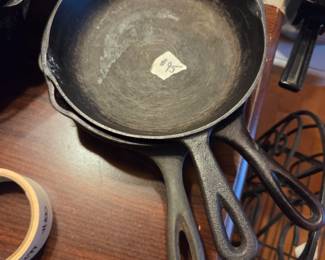#95	Set of 3 Cast Iron Skillets from 2 Lodge and 1 NO. 8 - approx 8" Across	 $60.00 