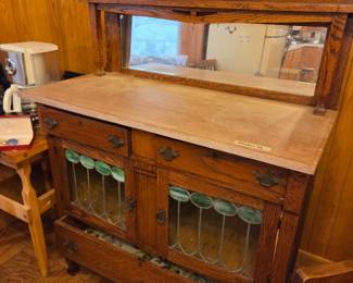 #99	Vintage Buffet w/2 doors and 3 drawers w/Beveled Mirror Back - w/wood shelf on top of Mirror - also has marble surface - 44x20x56 you move (inside shelf needs reinforcing)	 $150.00 