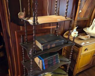 #30	Wood 4 shelf Display Cabinet w/Hand-Turned Wooden Spindles - 25x14x57 (needs tightening)	 $75.00 
