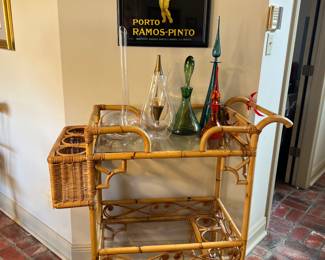 Vintage Mid Century Rattan Rolling Two Tier Cocktail Cart