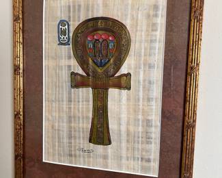 Egyptian ANKH ART painting on papyrus paper and framed 