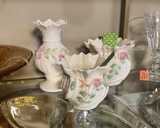 Vintage Beleek Vase & Cache Pots