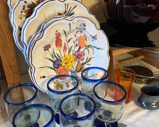 Hand Blown Cobalt Blue Stemware made from Recycled Glass and set of 8 Italian Floral Plates