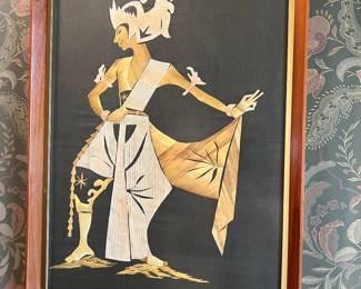 Vintage framed rice straw art . Asian scene wall decor . Sold as a pair