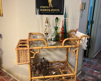 Vintage Mid Century Rattan Two Tiered Rolling Bar/Tea Cart