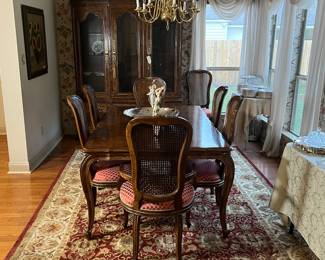 Century Furniture 1960’s Town & Country Dining Table & 8 Cane Back French Style Chairs (2 Captains), with 2 leaves and table cover