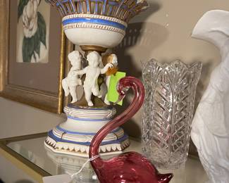 Rossi Hand Blown Pink Swan & Porcelain Compote with Cheribs