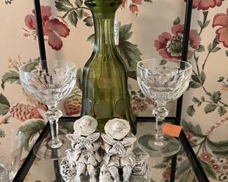 Steele Burden “Greedy Guts”, vintage Fostoria olive green Decanter and a Pair of Vintage Gotham Chantilly Glasses