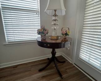 Mahogany Drum Table, Crystal Lamp