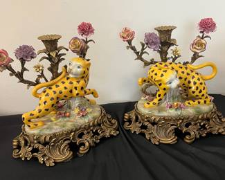 Pair Porcelain Leopard, Metal Base