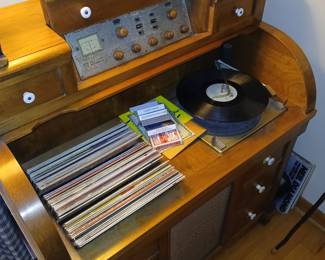 stereo console disguised as a roll top desk with LP's $125
