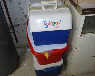 vintage "swinger" cooler $30, other coolers make offers, cabinets make offers or as marked, some free