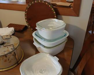 unmarked corning ware and one blue stamped corning ware casserole