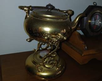 brass tea pot on stand $40