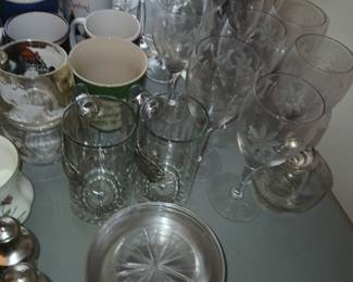 various stemware wine glasses, beer, coffee mugs, pewter pieces, etc.