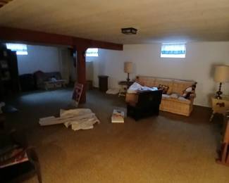 overall basement shot. vintage ethan allen sofa, tables