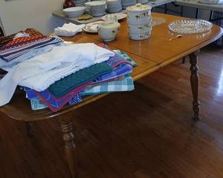 walnut dining room table, linens