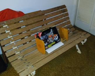 park bench, white iron frame oak slats great for a covered porch $45