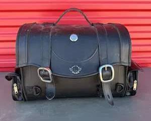 Black Leather Motorcycle Saddlebag with Dual Side Pockets and Secure Buckle Closures