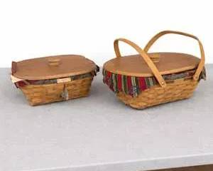 Pair of Vintage Longaberger Picnic Baskets with Wooden Lids and Striped Fabric Liners