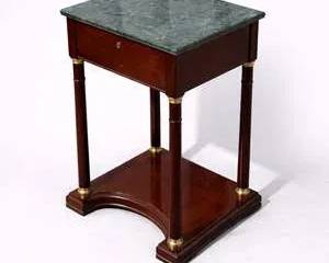 Elegant Vintage Wooden Side Table with Green Marble Top and Brass Accents