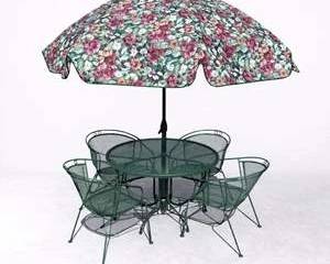 Vintage Green Metal Patio Dining Set with Floral Umbrella