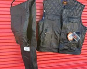 TackField 2XL Black Leather Motorcycle Vest and Pants Set with American Flag Lining