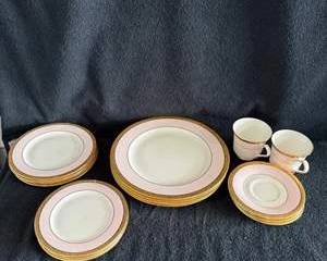 Elegant Marykay Cosmeton Porcelain Dinnerware Set with Pink and Gold Accents