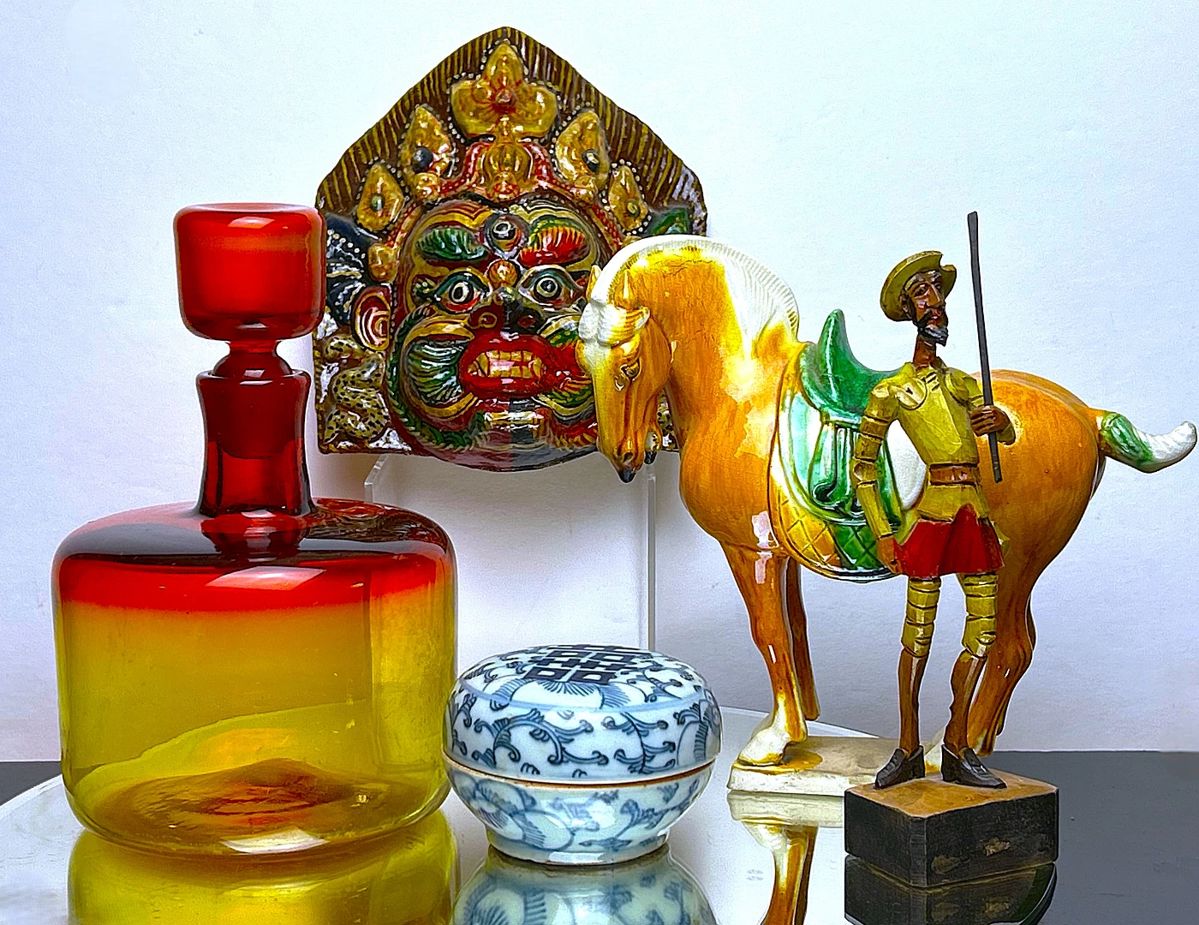 Vintage Mid Century Blenko Art Glass, Chinese Porcelain and Items from trips from around the world when traveling by jet was new.