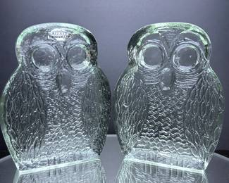 Vintage Blenko Art Glass Owl Bookends 