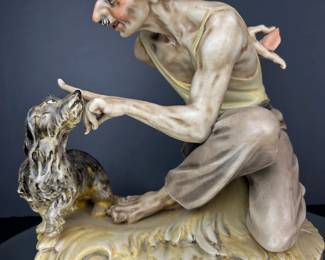 Vintage large German Sandizel Dresden porcelain figurine man with dog.