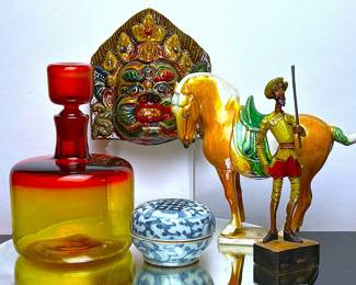 Vintage Mid Century Blenko Art Glass, Chinese Porcelain and Items from trips from around the world when traveling by jet was new.
