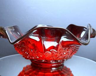 Ruby Red Glass Paneled Grape Bowl by L G Wright